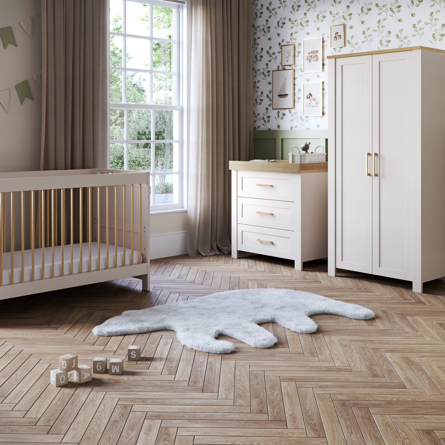 Seville 3 Piece Nursery Set with Convertible Cot to Toddler Bed, Dresser & Wardrobe