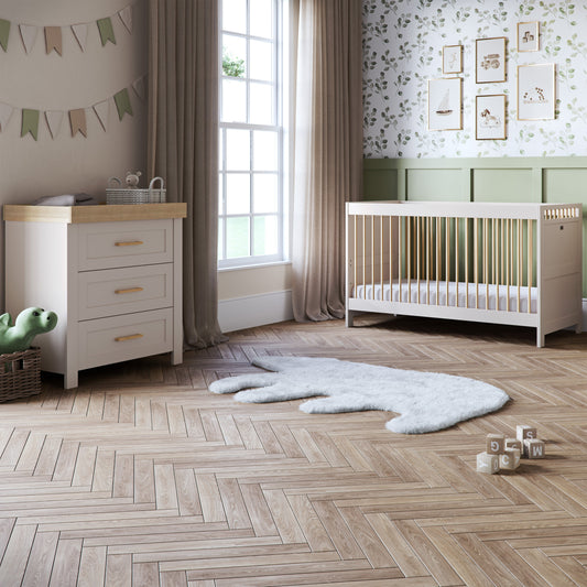 Seville 2 Piece Nursery Set with Convertible Cot Bed to Toddler Bed & Dresser